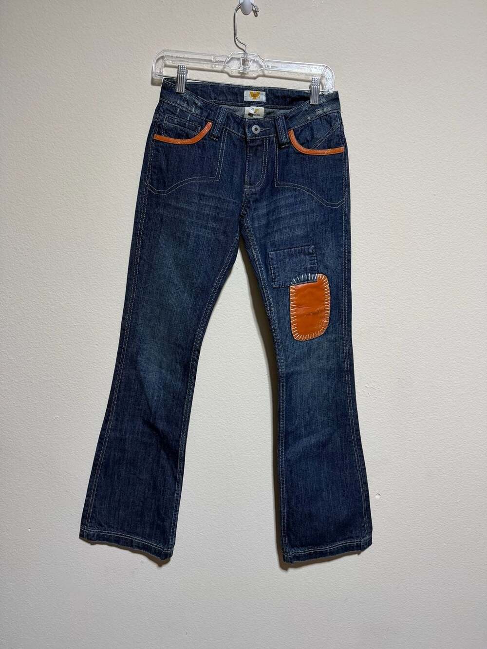 Antik Denim Vintage Embroidered Flare Jeans with Leather Patch Details